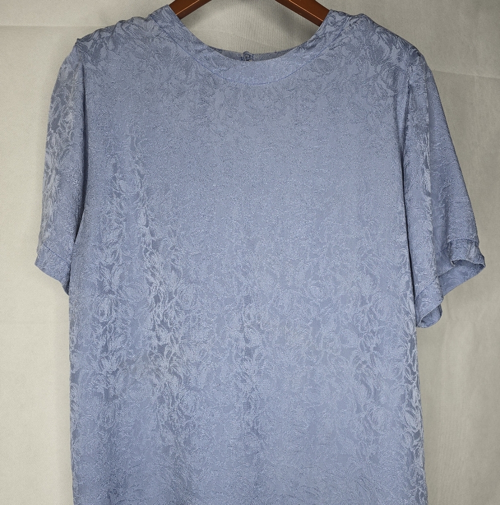 Vintage 100% Silk Blouse Blue Textured Floral Shoulder Pads Minimalist 90s Small